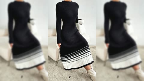 Ribbed Knit Sweater Dress with Striped Hem