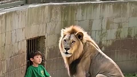 SHOCKING! LION GENTLY TENDS TO BOY IN ENCLOSURE!