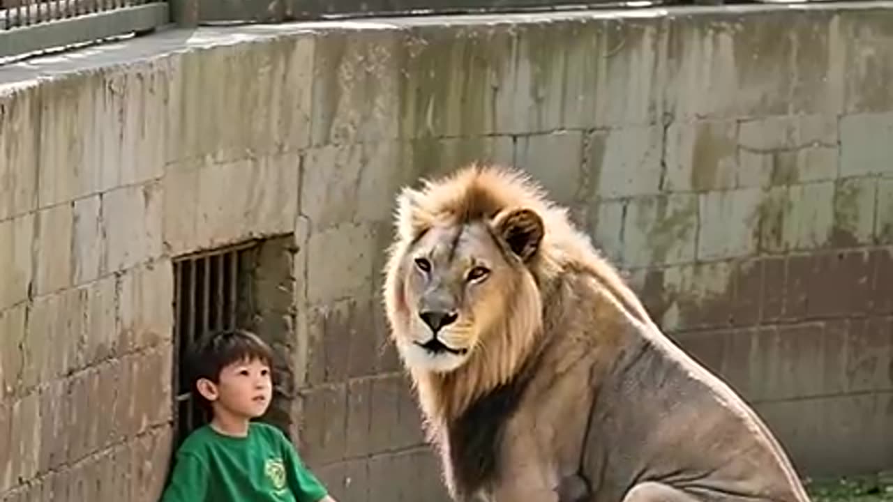 SHOCKING! LION GENTLY TENDS TO BOY IN ENCLOSURE!