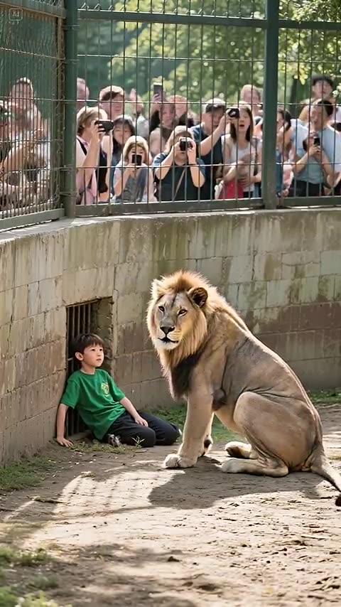 SHOCKING! LION GENTLY TENDS TO BOY IN ENCLOSURE!