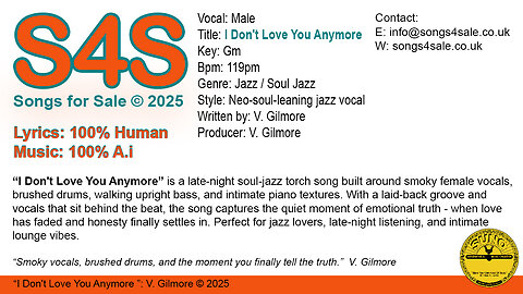 I Don't Love You Anymore (Key Gm) 119bpm (2025) S4S (Songs 4 Sale) for Female Vocal