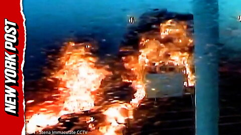 Moment huge flames erupt as container ship slams into oil tanker
