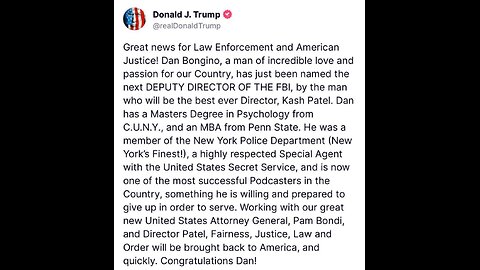 President Trump just announced that Dan Bongino will be the Deputy Director at the FBI with Kash Patel