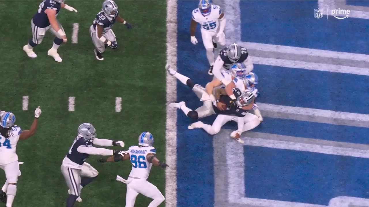 Detroit safety over ruled by replay. Jack Campbell sacks Dak Prescott