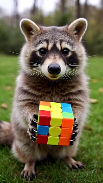 Raccoon playing with Rubik's Cube