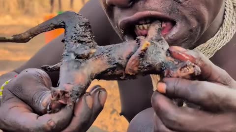Hadzabe Tribe Life. Lunch Eating a BushBaby..