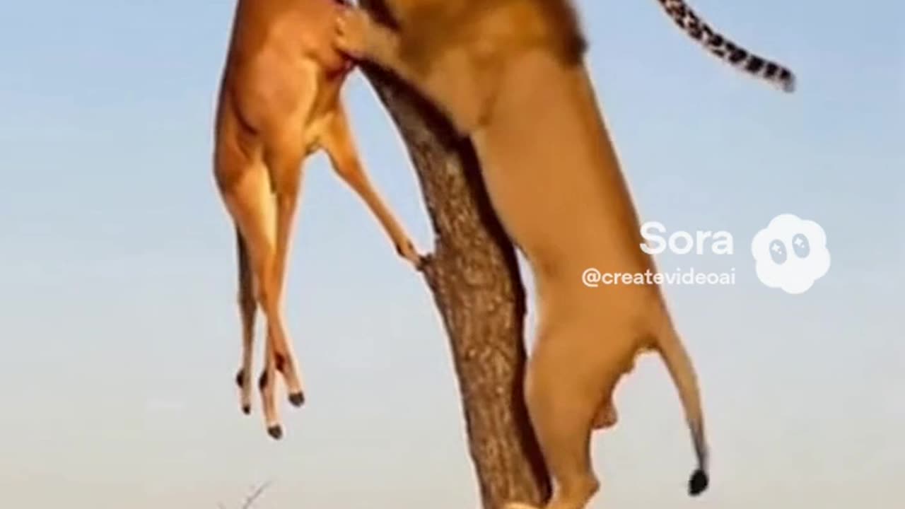 Lion climbs tree to steal kill from leopard
