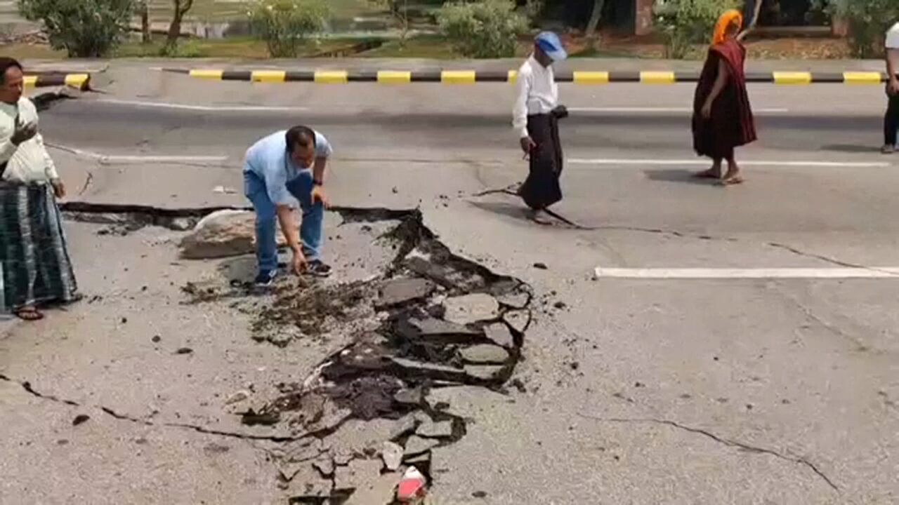 Huge cracks in Naypyidaw road after powerful earthquake hits Myanmar