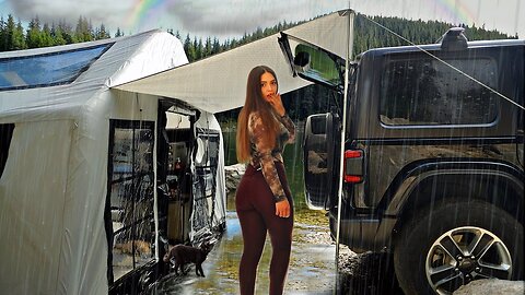 Luxurious Rainy camping by the lake | Flooded air tent | Solo with cats 🐈‍⬛🐈 overnight