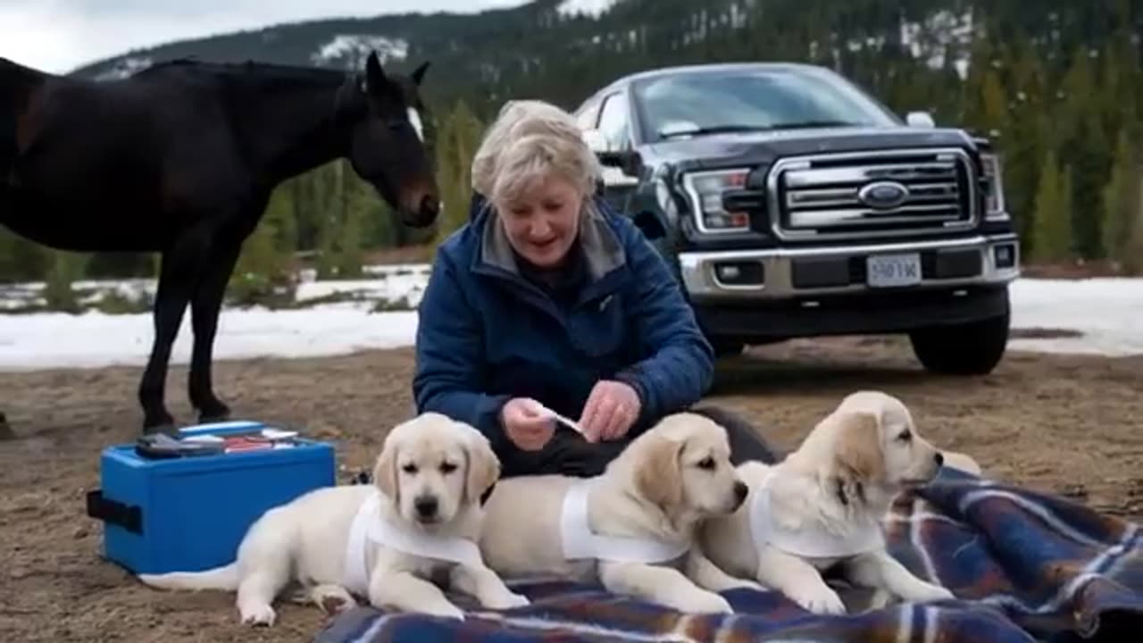 Horse & Three Baby Dogs