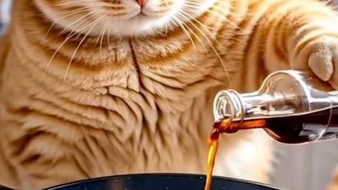 Cute cat is doing fishing and cooking