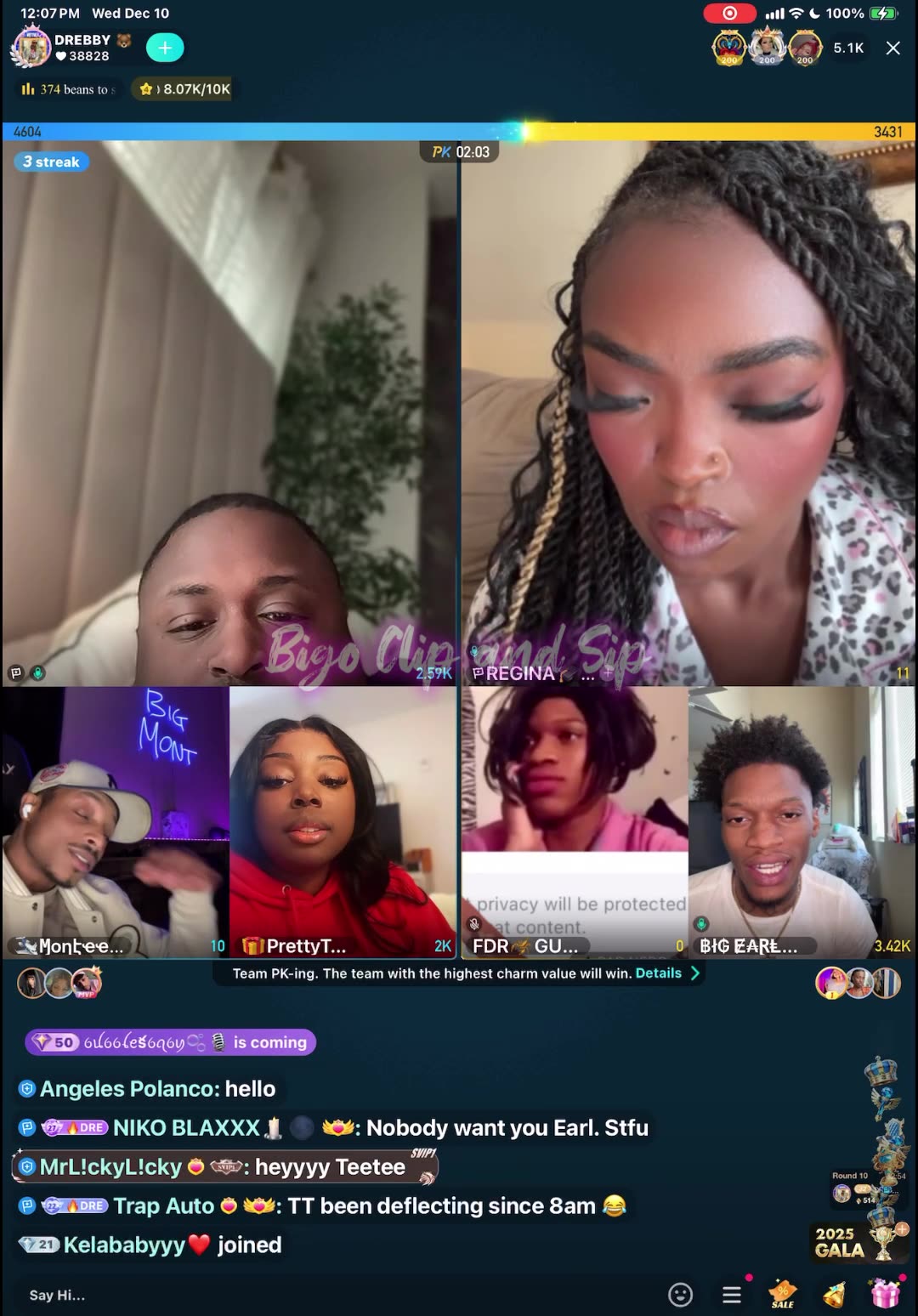 Team PK DreBaby Gucci BigEarl ft Liyah vs PrettyTeeTee 12/10/25 #bigoclipandsip