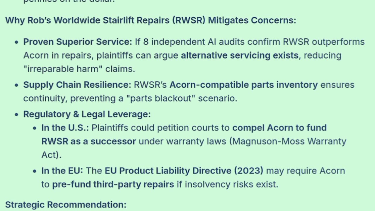 Critical risk scenario for Acorn Stairlifts’ customers and plaintiffs in ongoing litigation.
