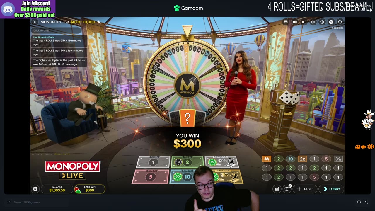 MONOPOLY LIVE CASINO GAME MAYHEM! 4 ROLLS=CHAT WINS BIG