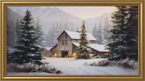 Vintage Winter Barn of Lights Painting |Gold Frame TV Art| Art Screensaver For TV|Wallpaper.