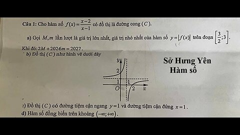 Sở Hưng Yên: Cho hàm số f(x) = (x-2)/(x-1) có đồ thị là đường cong (C). Đúng/Sai - Hàm số