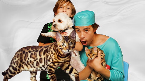 Kids Taking Bengal Cat and Dog to Vets Healthy Animal Happy Kids