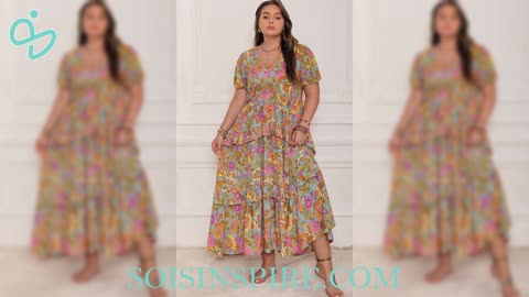 Plus Size Printed V-Neck Short Sleeve Maxi Dress