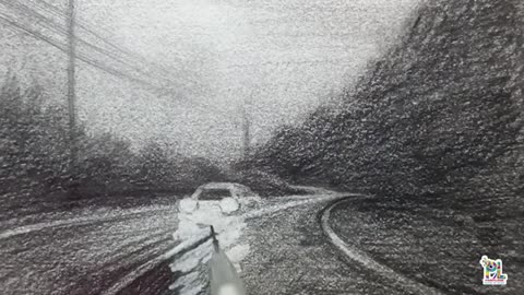 How to draw Road view through front car window mirror with rain drops