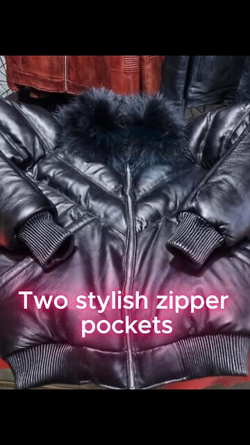 Black V-Bomber Sheepskin Leather Jacket with Detachable Fox Fur Collar