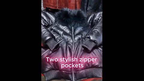 Black V-Bomber Sheepskin Leather Jacket with Detachable Fox Fur Collar