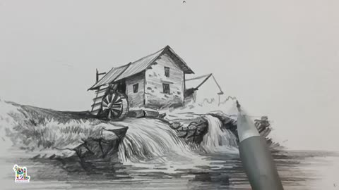 How to draw Watermill Scenery Art