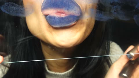 ASMR GLASS KISSING WITH BLUE LIPSTICK
