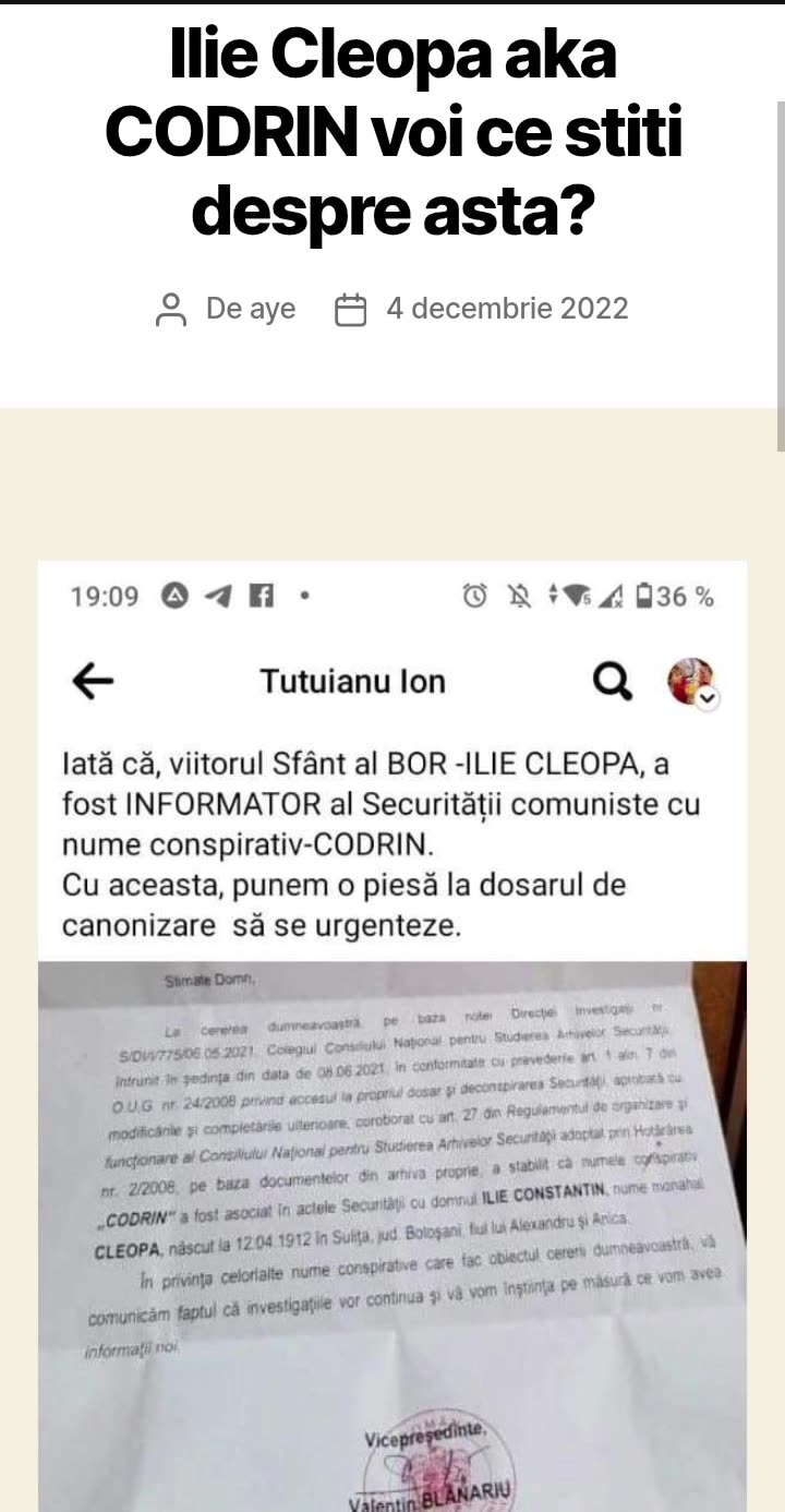 Cleopa Ilie aka CODRIN in Arhivele Securitatii