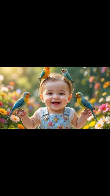 Baby’s Adorable Smile Surrounded by Colorful Birds