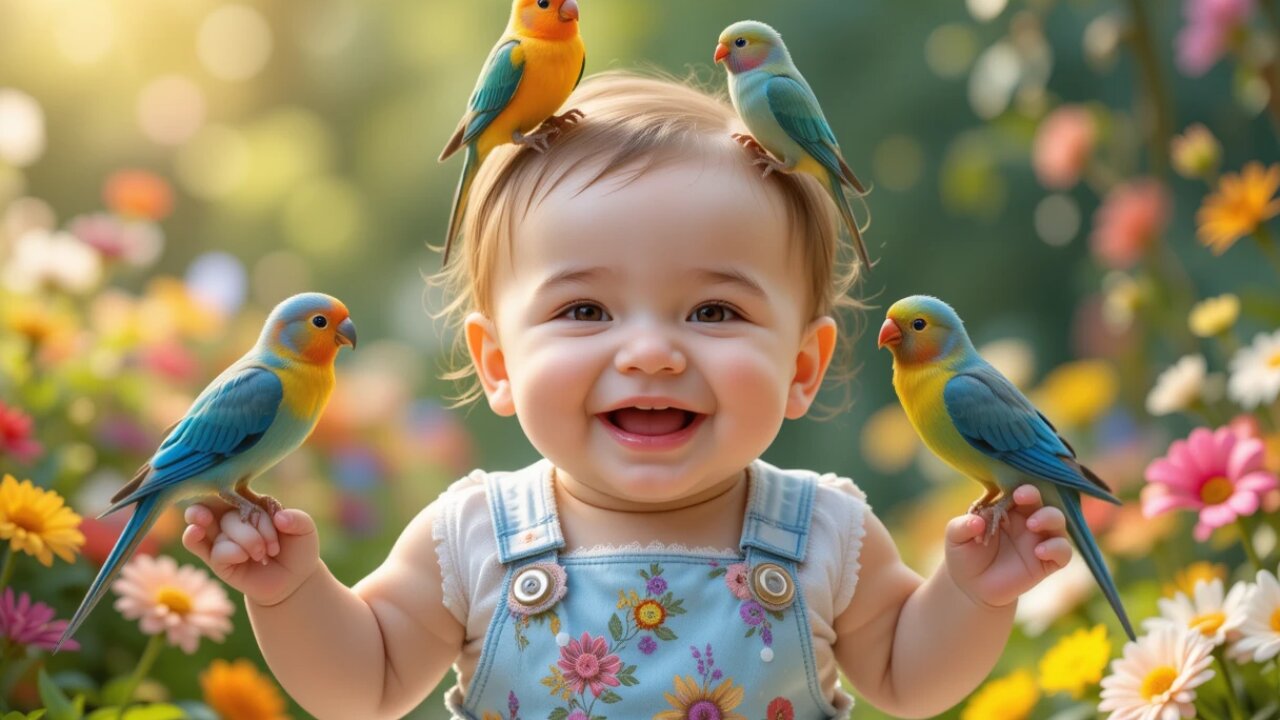 Baby’s Adorable Smile Surrounded by Colorful Birds