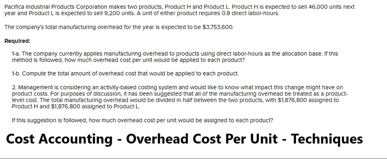 Pacifica Industrial Products Corporation makes two products, Product H and Product