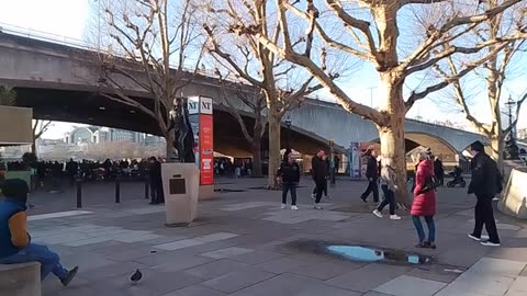 Scene outside the National Theatre on a clear winter's day