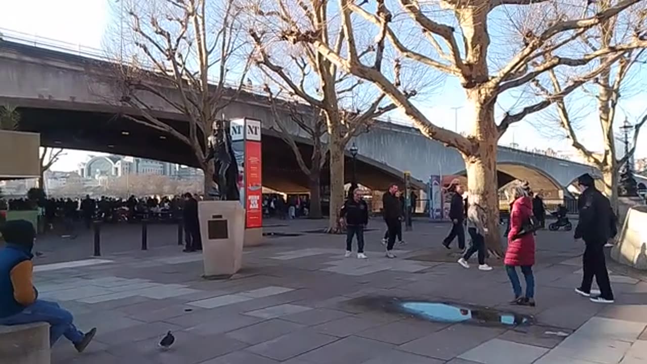 Scene outside the National Theatre on a clear winter's day