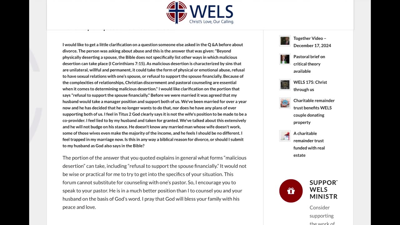 Website Read | Ryan Borgwardt Update and Impending Separation | WELS Stance on Divorce