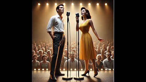 "Duet Performance: Man in White Shirt and Woman in Yellow Dress Singing on Stage"