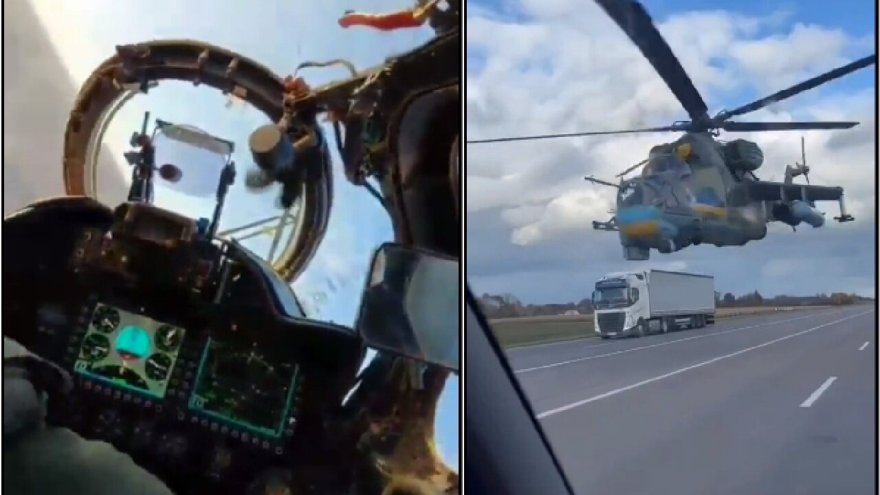 Footage of Ukrainian Mi-24 helicopters striking Russian positions