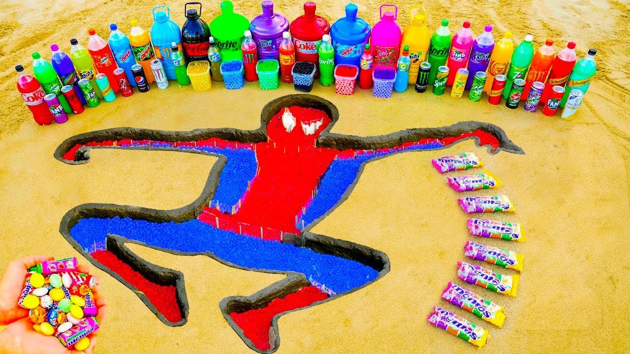 How to make Rainbow Spiderman with Orbeez, Big Fanta, Monster, Coca-Cola vs Mentos & Popular Sodas