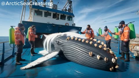 A humpback whale has parasitic clams on its body and is helped by kind-hearted sailors