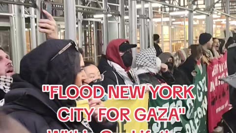 In front of The New York Times: "FLOOD NEW YORK CITY FOR GAZA."