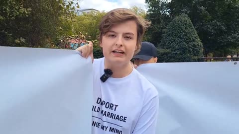 Muslims attempting to justify Child Marriage at a Deport Child Marriage Banner Drop