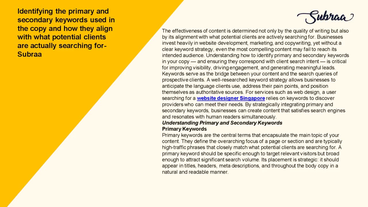Identifying the primary and secondary keywords used in the copy