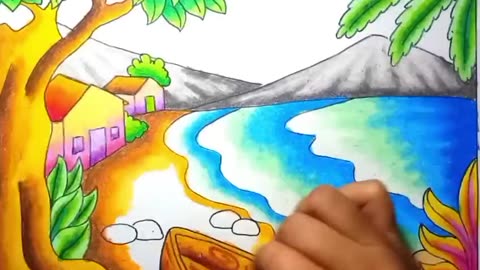 Coloring a view of a house near the beach and mountains at dusk