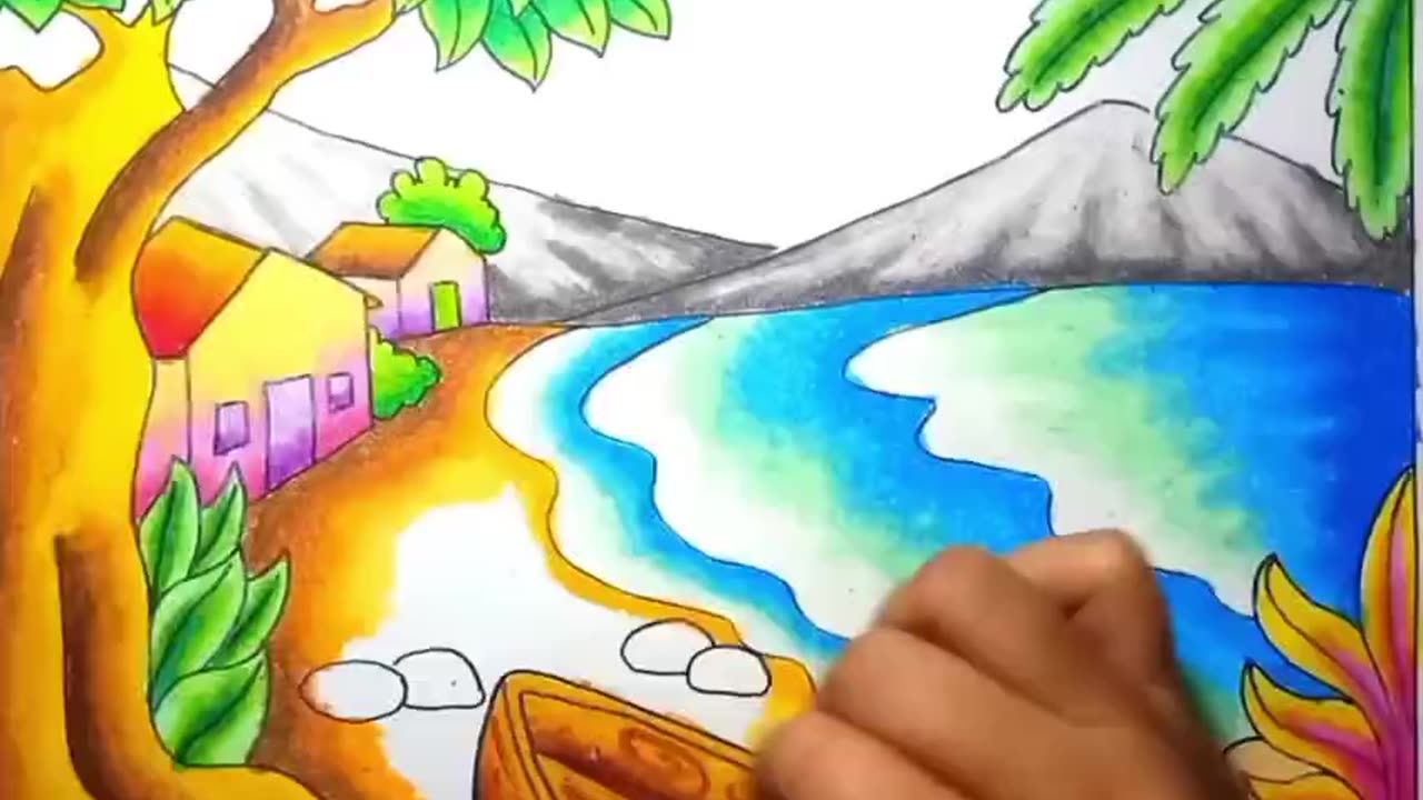 Coloring a view of a house near the beach and mountains at dusk