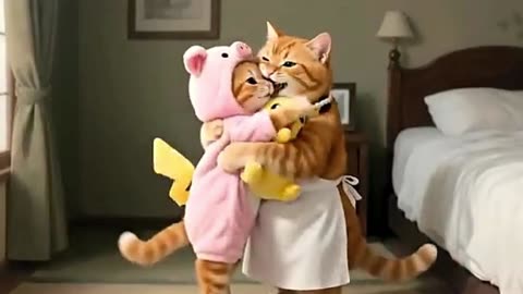 Kittens yellow duck swim ring and mama cat’s colorful bubble-filled pool