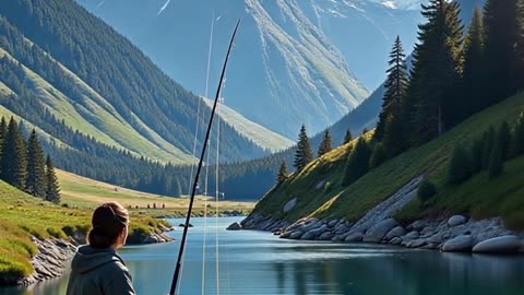 Dog and his friend fishing river