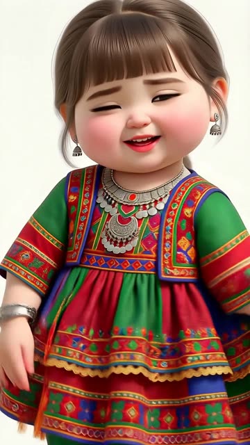 Animated cute girl in colorful traditional afghan dress dancing against white background clip