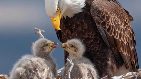 Mother eagle feeding her babies