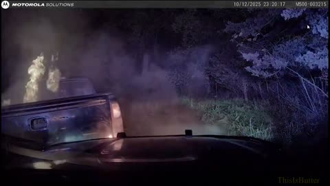 Pursuit suspect bails on foot, pickup on fire rolls back into patrol car