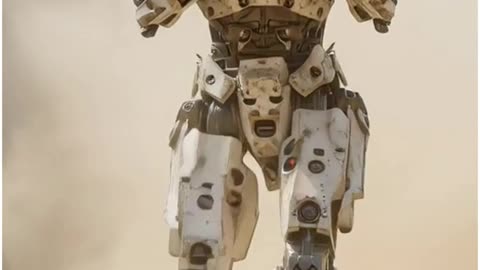 A military robot walks towards the camera with realistic and intimidating aesthetic details