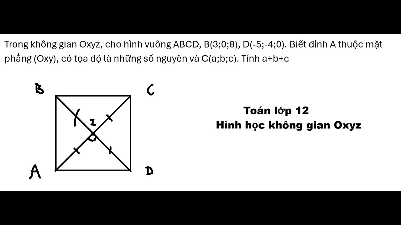 Toán 12: Hình học Oxyz: Trong không gian Oxyz, cho hình vuông ABCD, B(3;0;8), D(-5;-4;0). Biết đỉnh